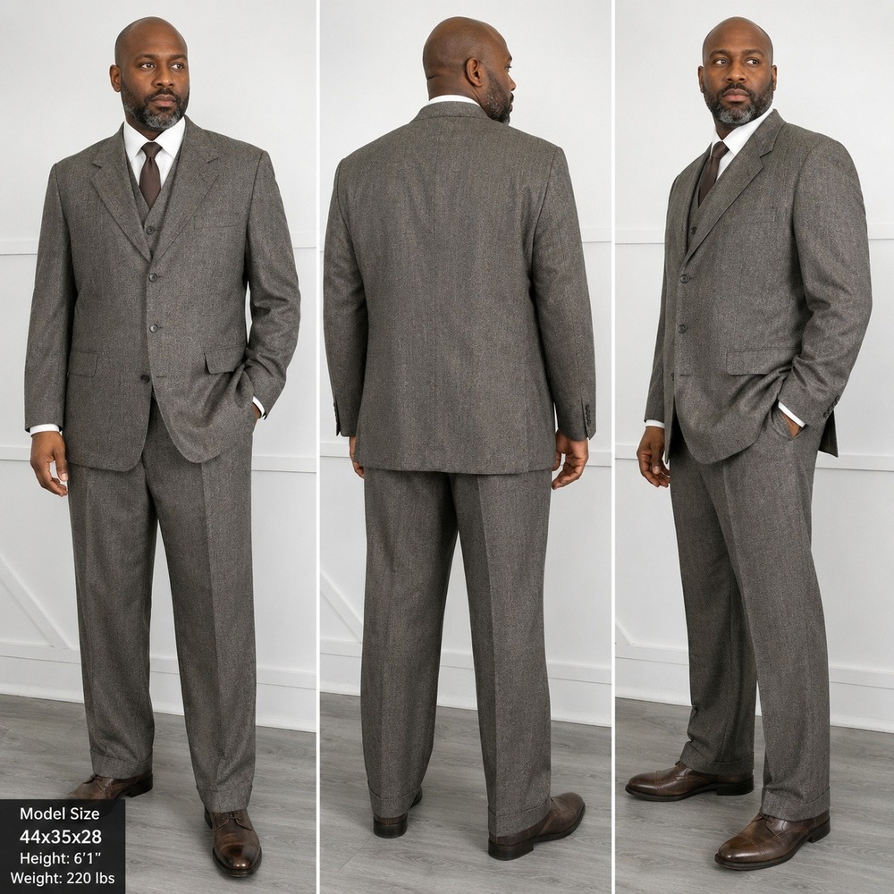 Manchest Mens VTG 3 Piece Suit Brown Gray Micro Pattern Blazer Vest Pants 44x35